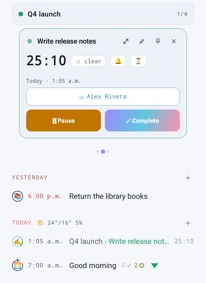 Sequence's home screen: a running card, Write release notes, its stopwatch at 25:10 under the Q4 launch band, over the list of yesterday's and today's sequences