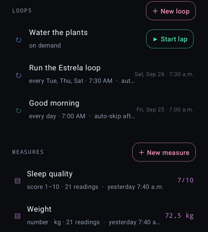 The Loops page: Water the plants on demand, Run the Estrela loop every Tuesday, Thursday and Saturday, Good morning every day, and two measures, sleep quality and weight