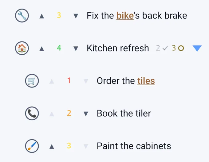 The list with Kitchen refresh open, two done and three to go, its subsequences nested under it: order the tiles, book the tiler, paint the cabinets